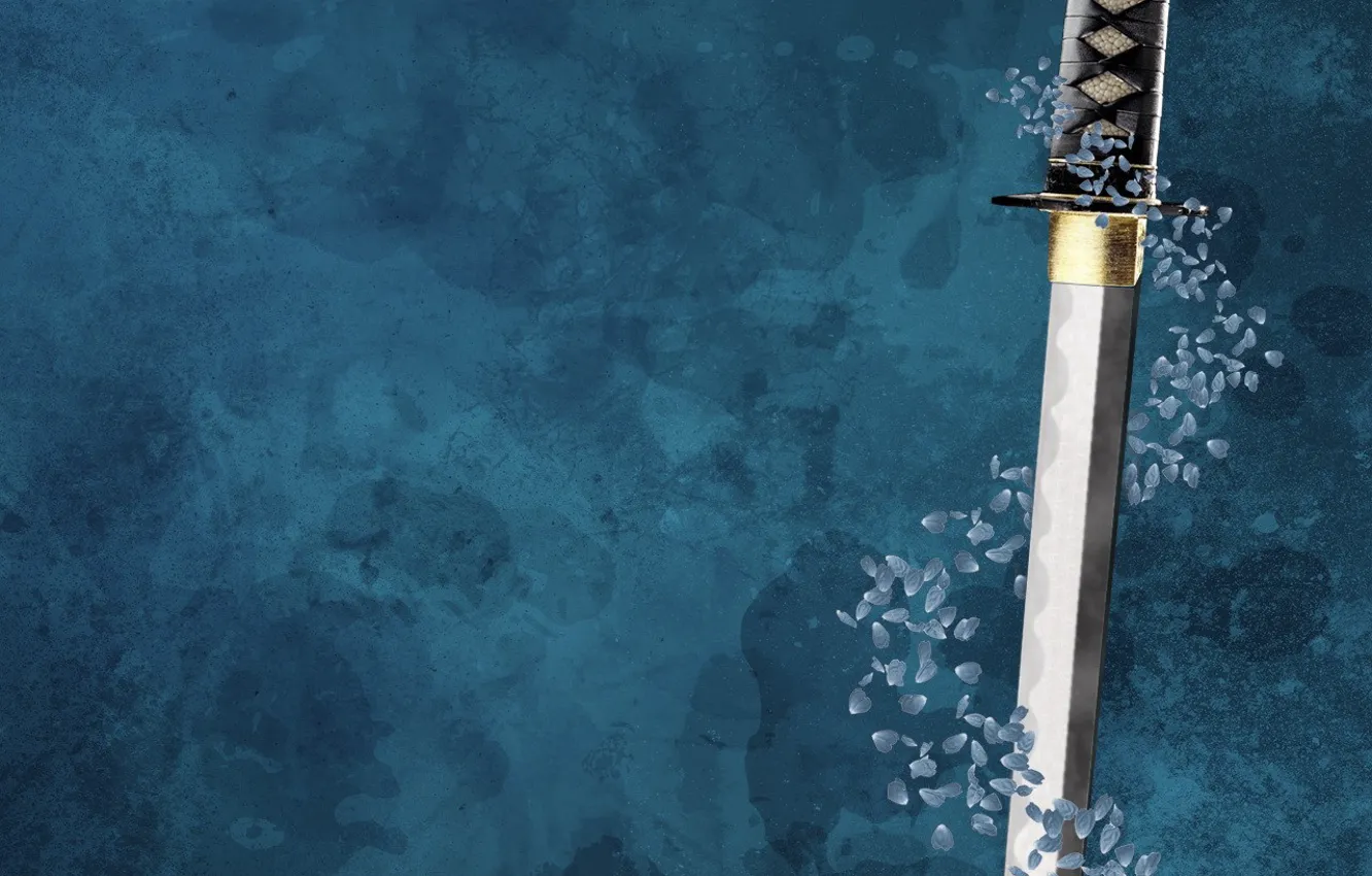 Photo wallpaper blue, background, sword, petals