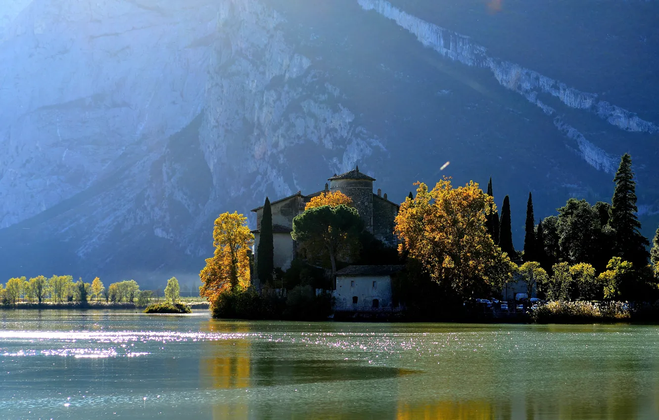 Photo wallpaper autumn, trees, mountains, river, castle, Nature, Italy, river