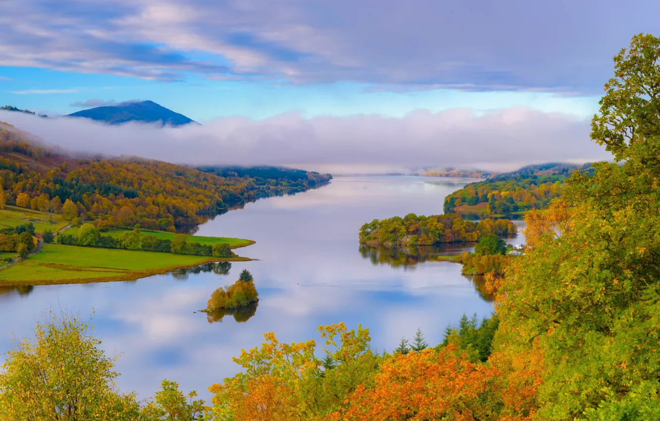 Photo wallpaper autumn, clouds, trees, lake, Scotland, Scotland, Perthshire, Schiehallion