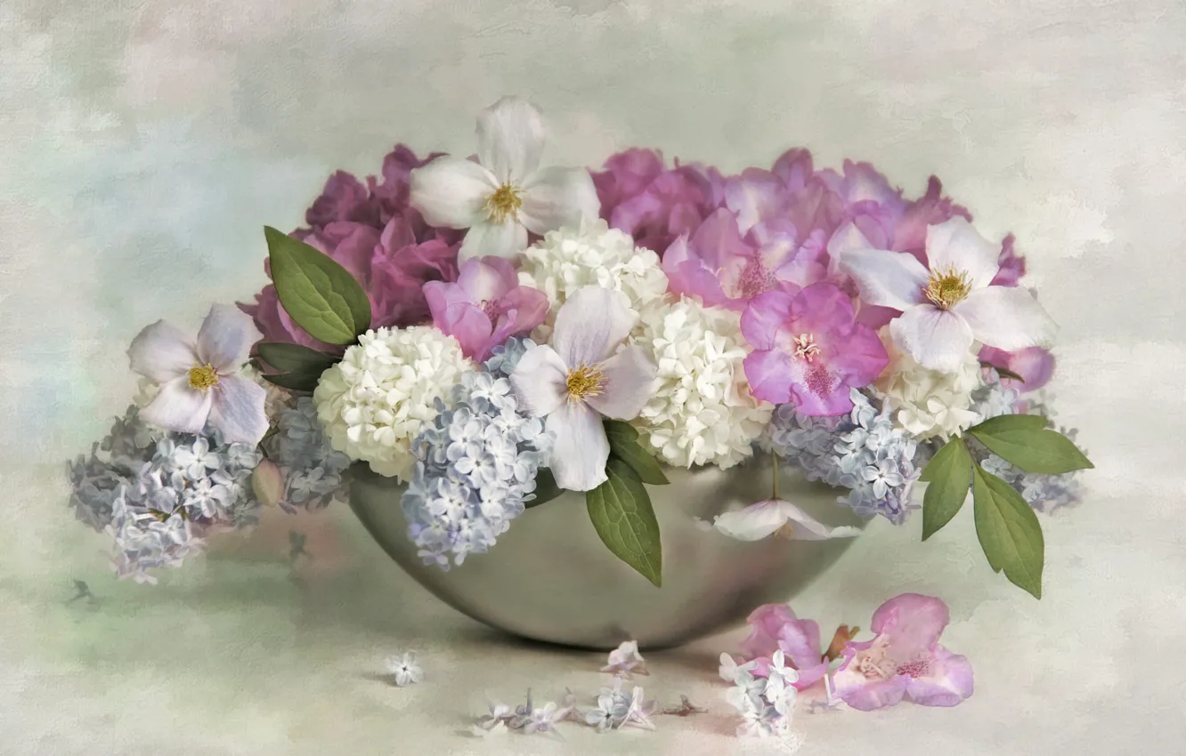 Photo wallpaper flowers, background, bouquet, petals, art, pink, white, painting