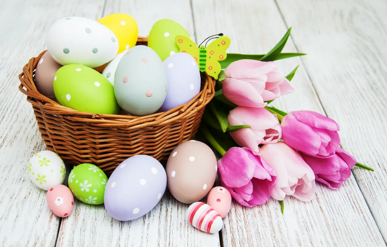 Photo wallpaper flowers, eggs, colorful, Easter, tulips, happy, wood, pink
