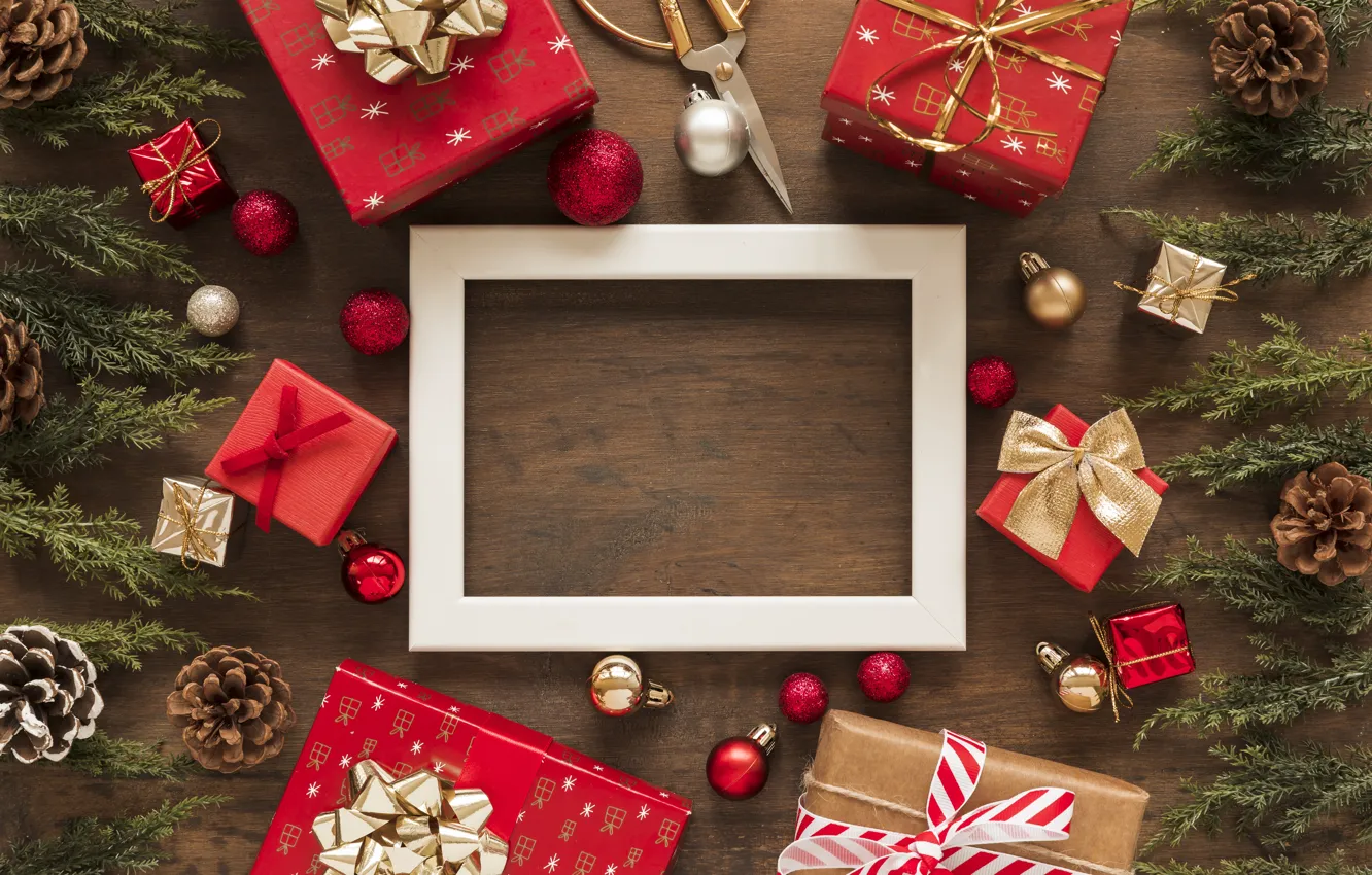 Photo wallpaper decoration, frame, New Year, Christmas, gifts, Christmas, wood, New Year