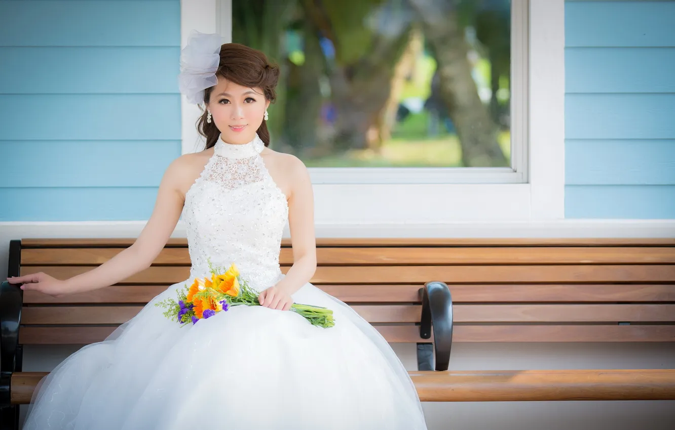 Photo wallpaper girl, flowers, Asian, bench