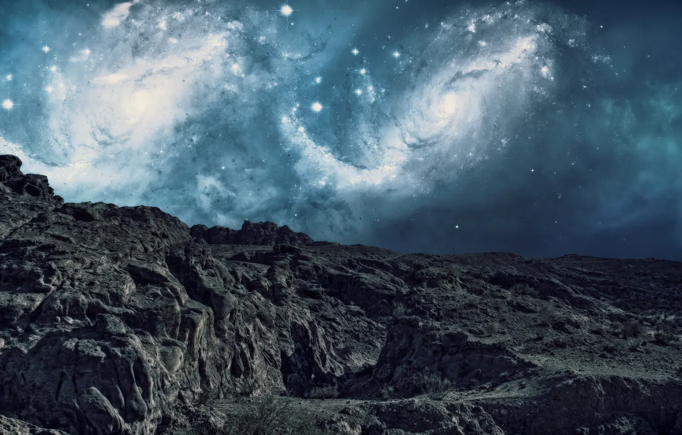 Photo wallpaper the sky, stars, mountains, fiction, galaxy, ridge