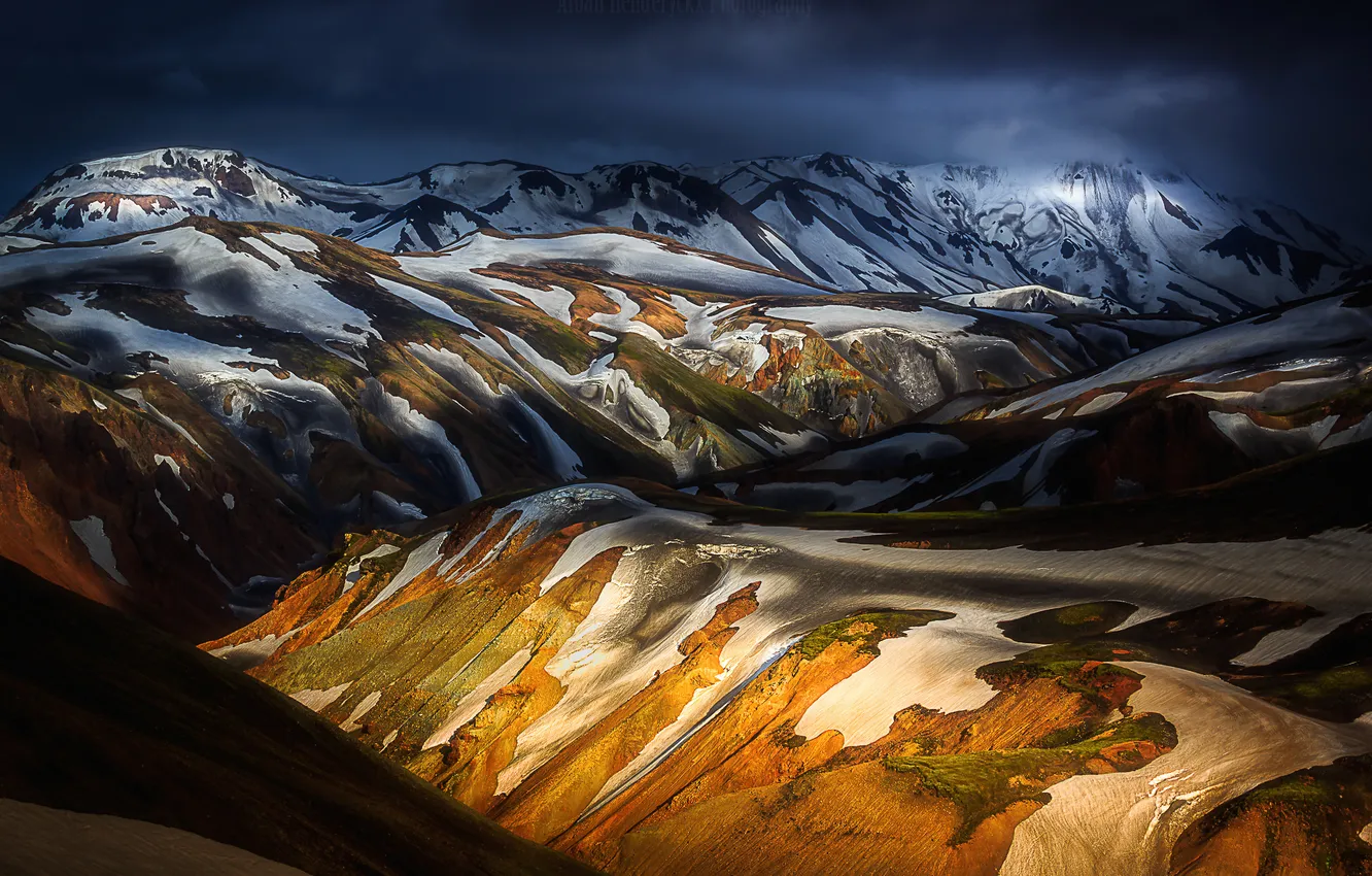 Photo wallpaper light, snow, mountains, hills, shadow, Iceland