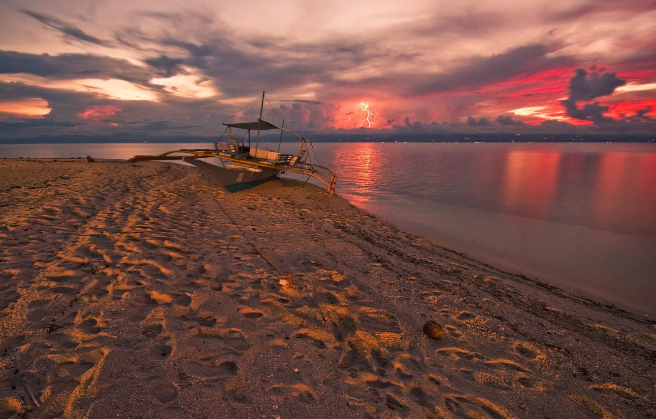 Photo wallpaper sand, sea, the sky, sunset, clouds, lightning, boat