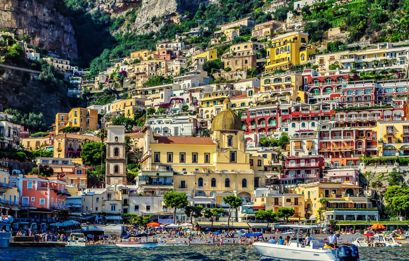 Photo wallpaper beach, rocks, building, boat, Italy, Italy, Amalfi, Amalfi