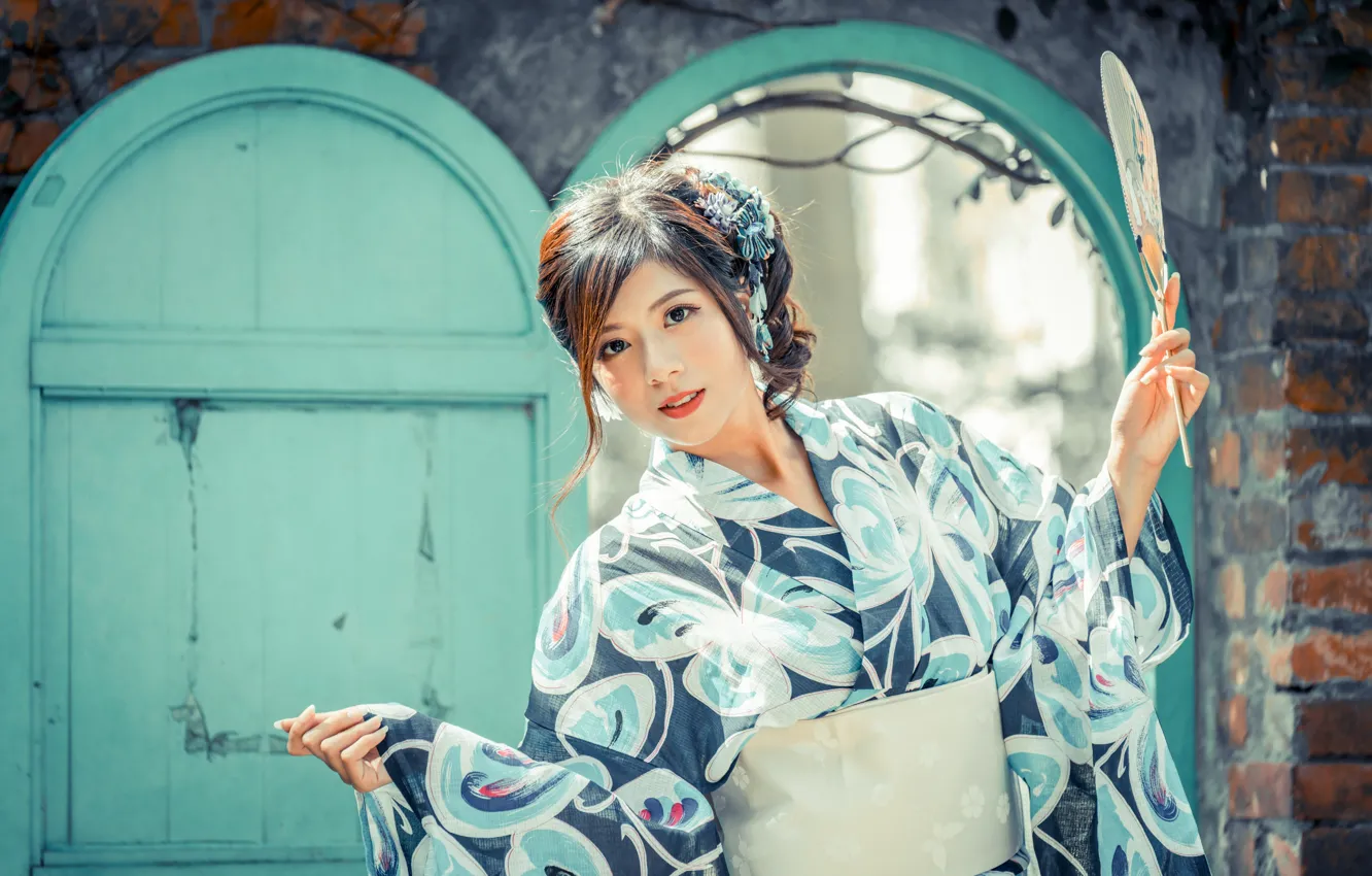 Photo wallpaper girl, fan, kimono, Asian