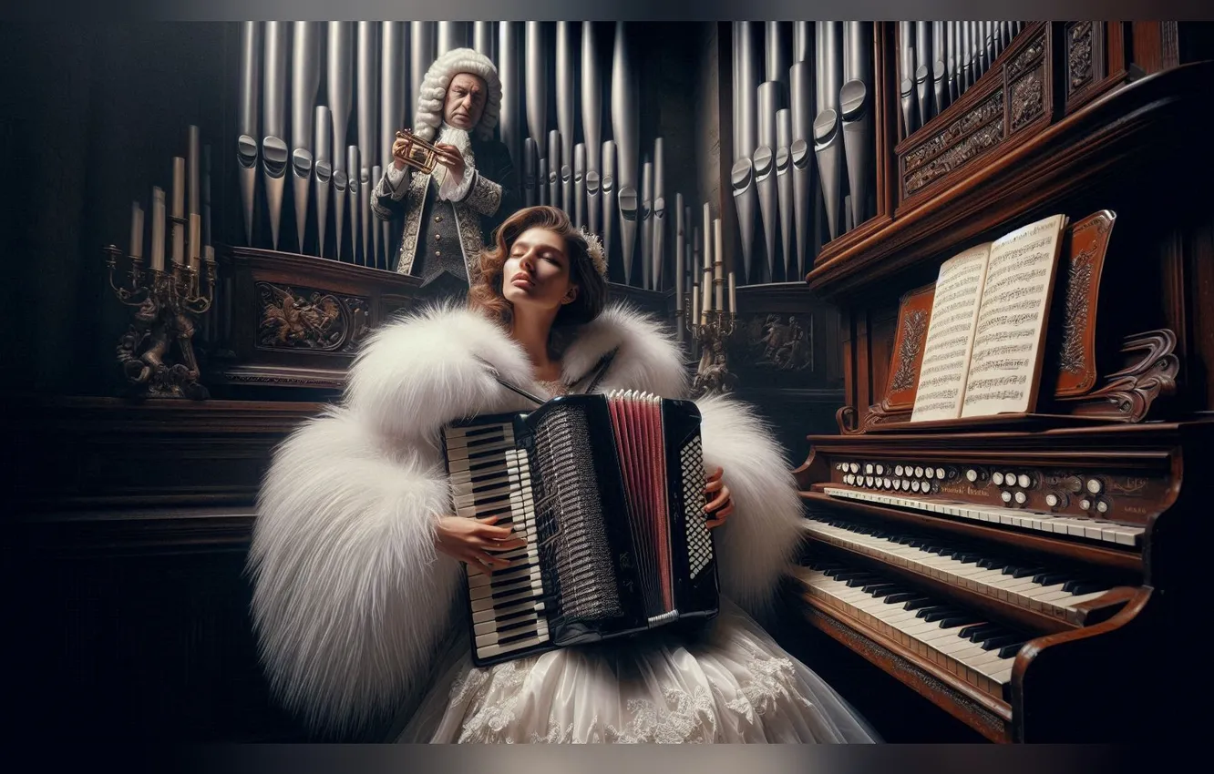 Photo wallpaper girl, coat, male, accordion, body