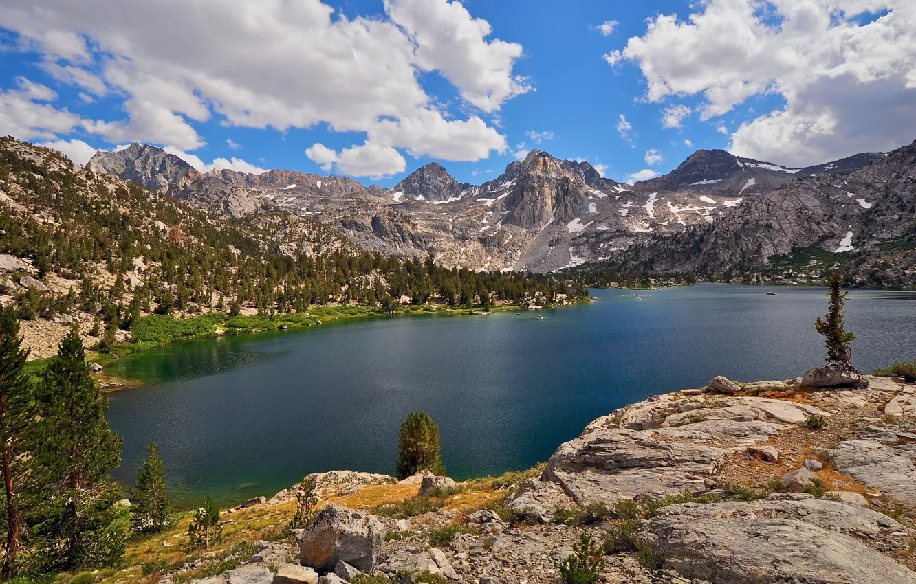 Photo wallpaper trees, mountains, lake, rocks, shore, USA, Sierra Nevada, Kings Canyon National Park