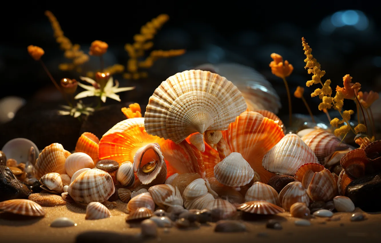Photo wallpaper sea, beach, the ocean, shore, shell, seashells, seashell, AI art