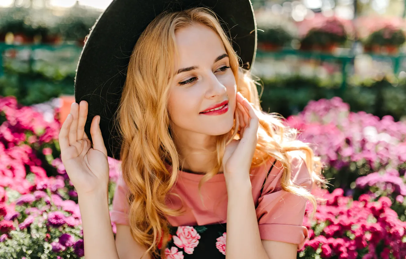 Photo wallpaper summer, girl, joy, flowers, pose, smile, portrait, bouquet