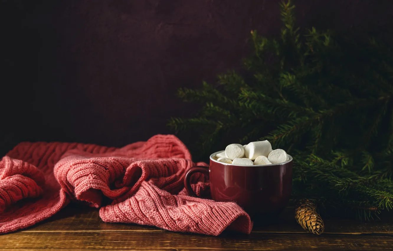 Photo wallpaper branches, the dark background, table, Board, new year, Christmas, candy, mug