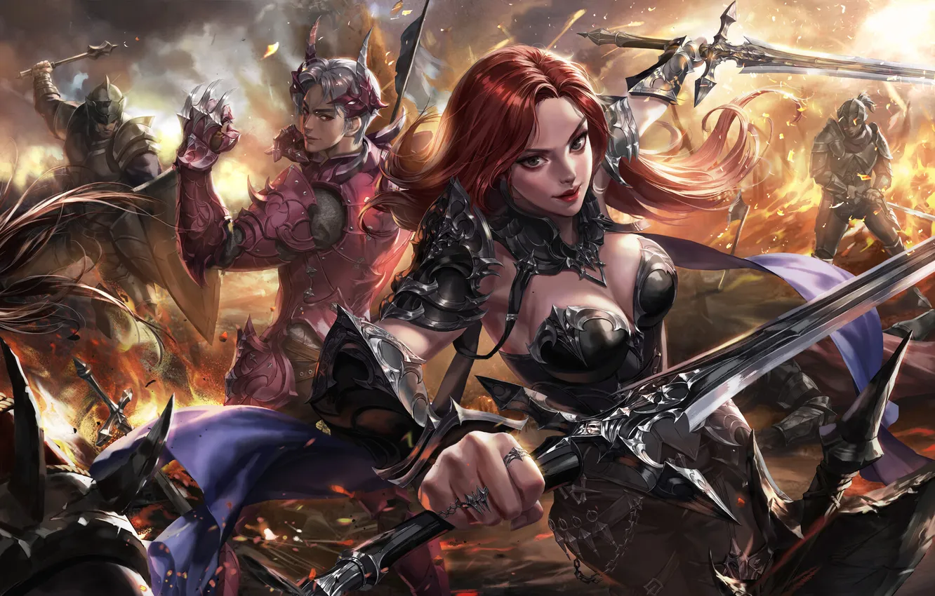 Photo wallpaper fire, girl, sword, fantasy, armor, weapon, man, battle