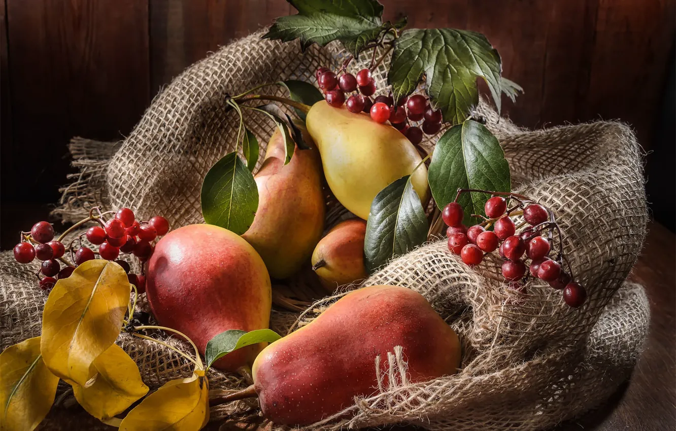Photo wallpaper leaves, berries, table, fruit, fruit, still life, pear, burlap