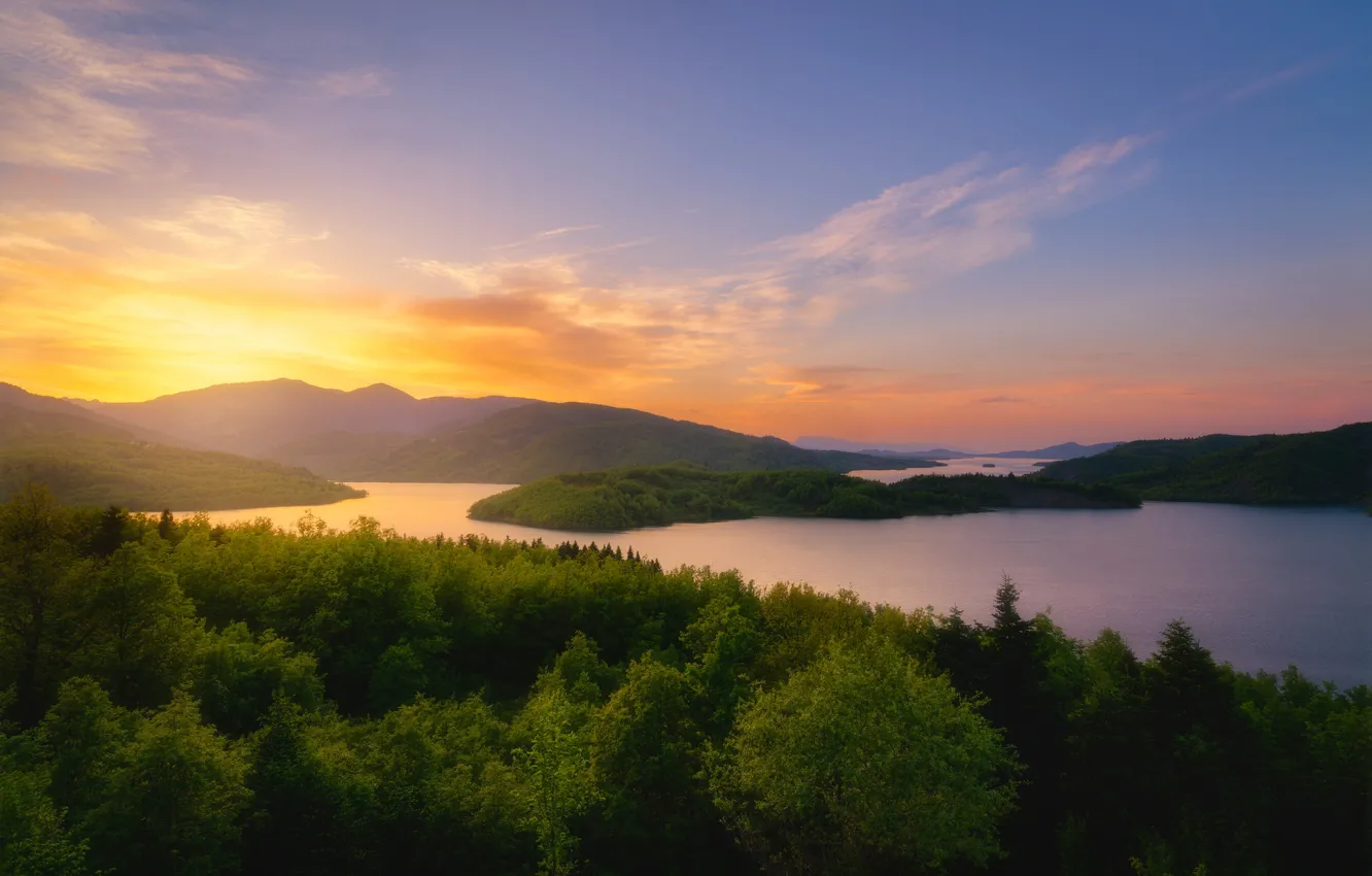 Photo wallpaper forest, sunset, mountains, lake, Greece, Greece, Reservoir Tavropos, Tavropos Reservoir