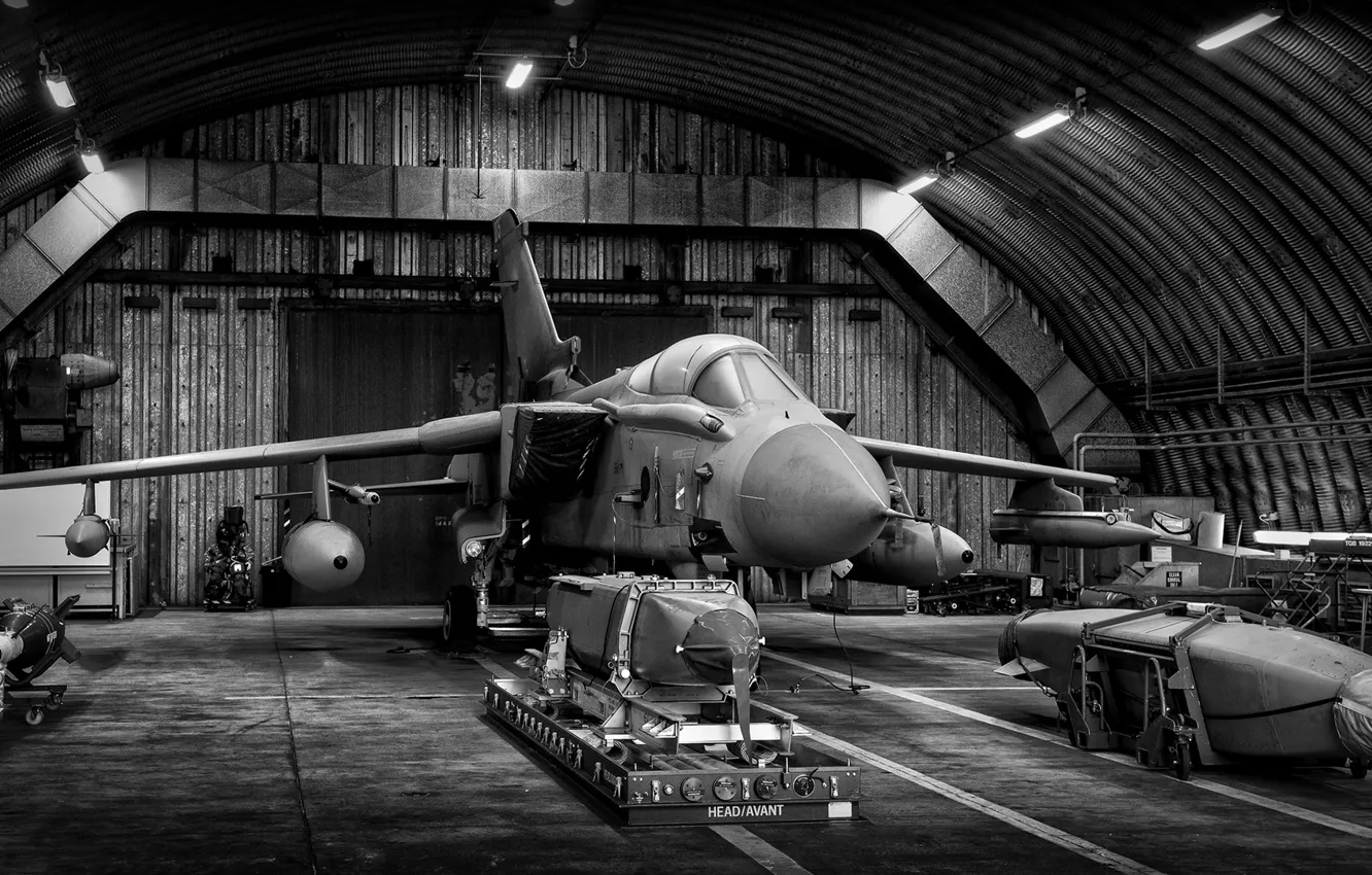 Photo wallpaper aviation, black and white, hangar, monochrome, Panavia, military aircraft, Tornado, combat aircraft