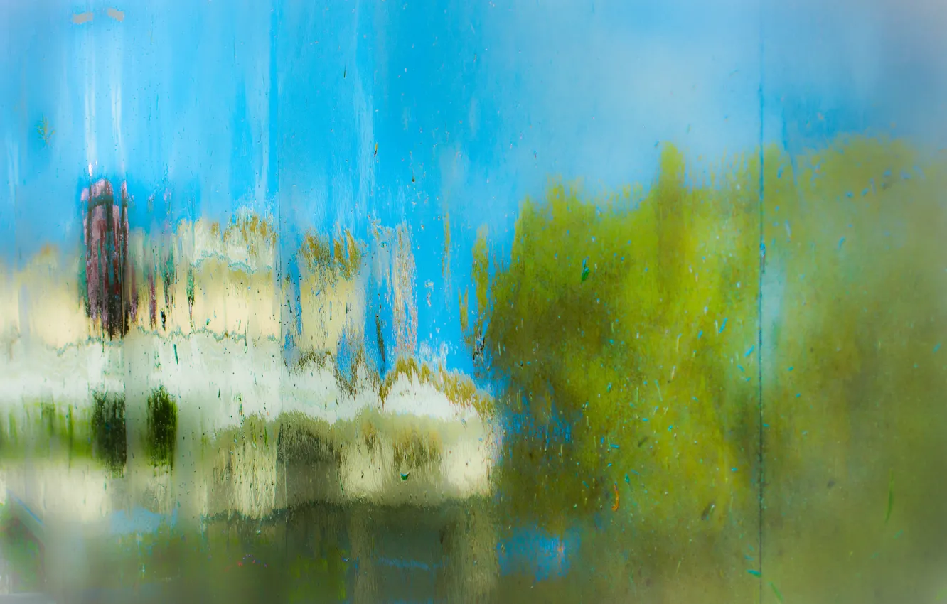 Photo wallpaper glass, landscape, house, tree, window