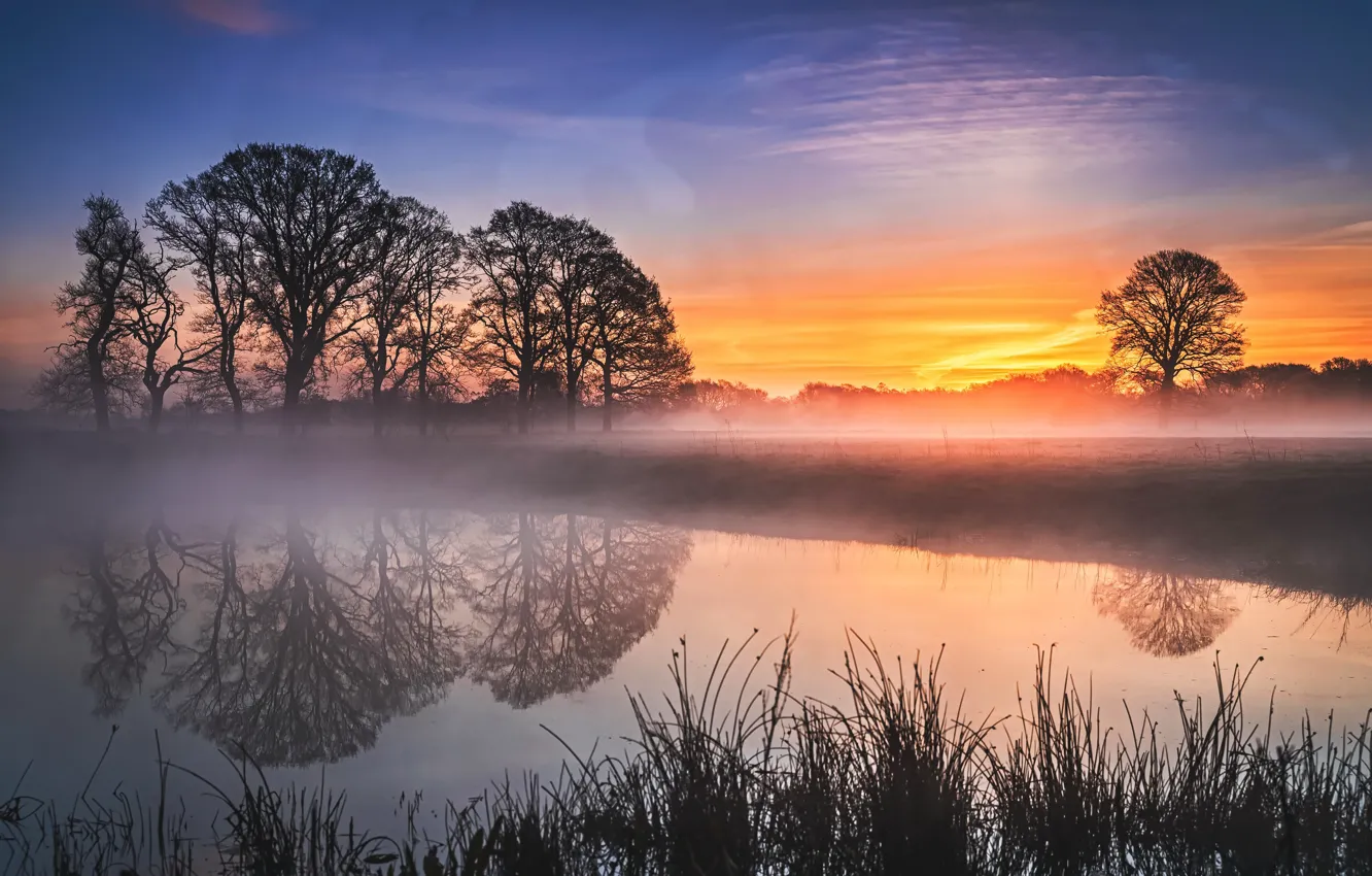 Photo wallpaper sunset, fog, river