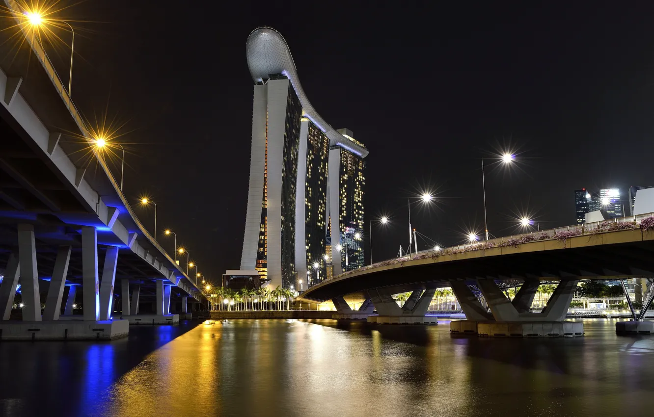 Photo wallpaper Lights, Bridge, Night, The city, Ship, Singapore, Skyscraper