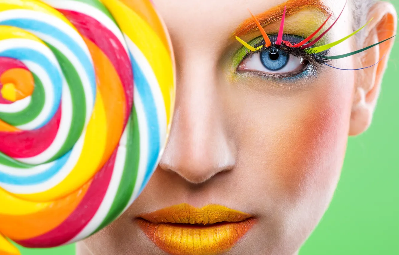 Photo wallpaper face, eyelashes, style, model, rainbow, makeup, lips, lollipops