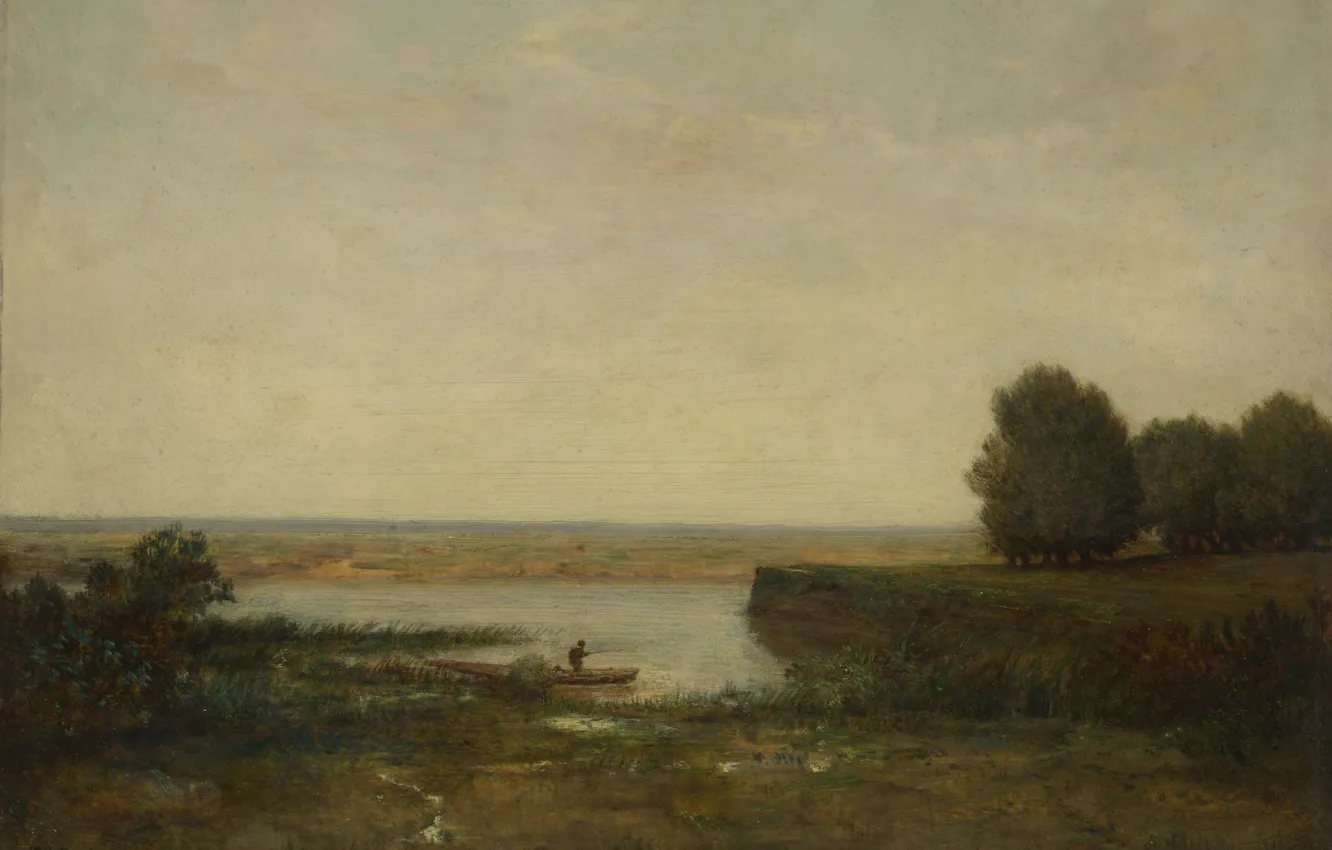Photo wallpaper landscape, picture, Theodore Rousseau, River scene, Théodore Rousseau