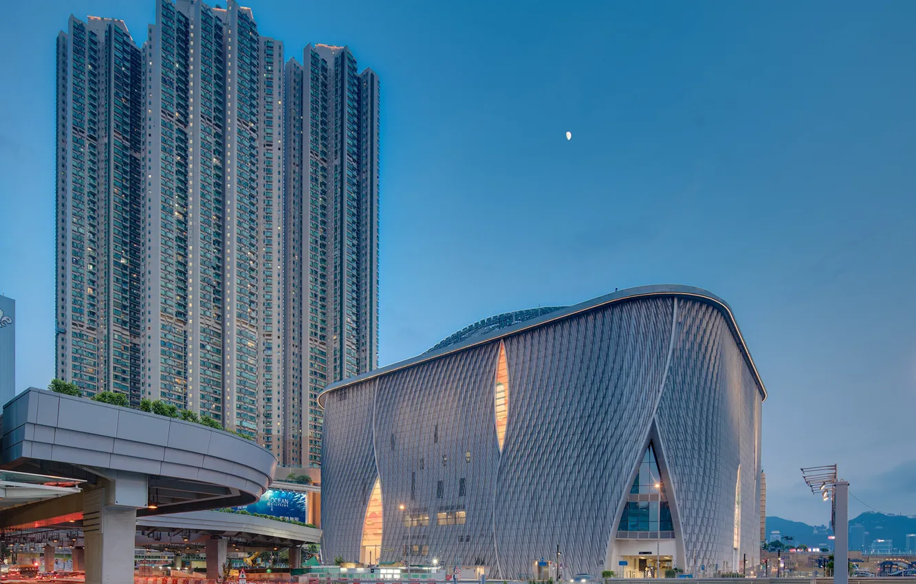 Photo wallpaper the moon, the building, construction, architecture, Xiqu Theatre - Hong Kong