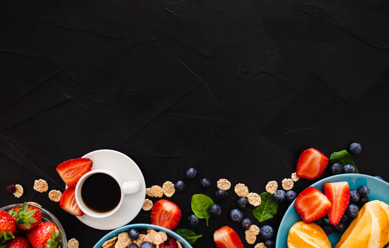 Photo wallpaper berries, background, coffee, Breakfast, blueberries, strawberry, cereal, buns