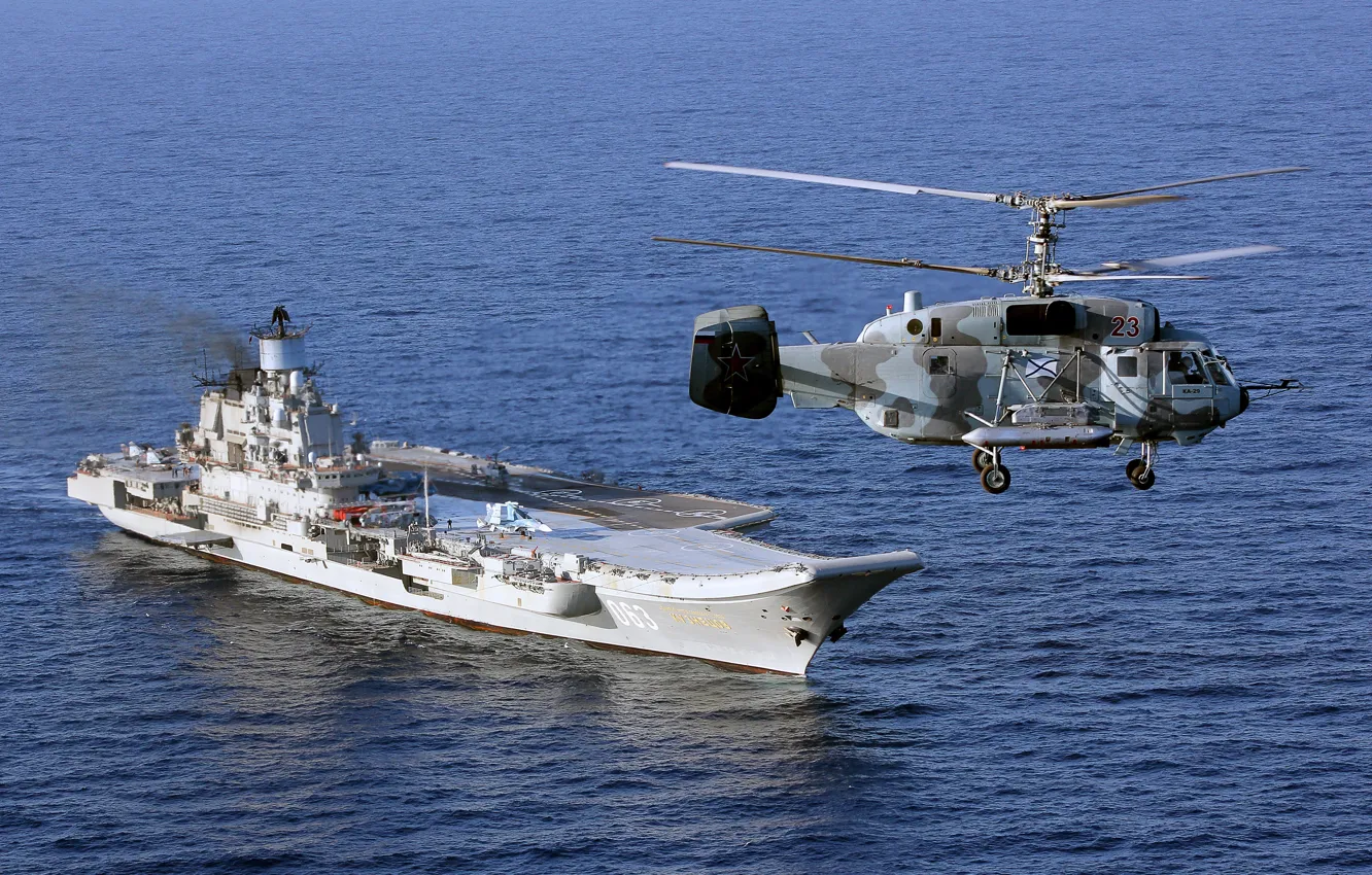 Photo wallpaper sea, helicopter, cruiser, Heavy, Ka-29, aircraft carrier, Admiral Kuznetsov