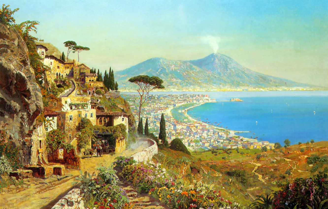 Photo wallpaper sea, landscape, mountains, the volcano, Italy, Bay, painting, Naples