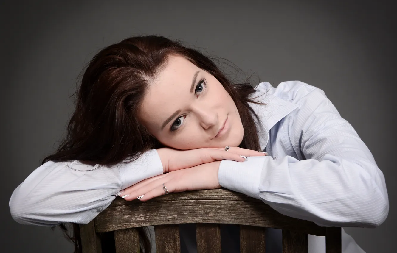 Photo wallpaper look, girl, face, hair, hands, ring, chair, brown eyes