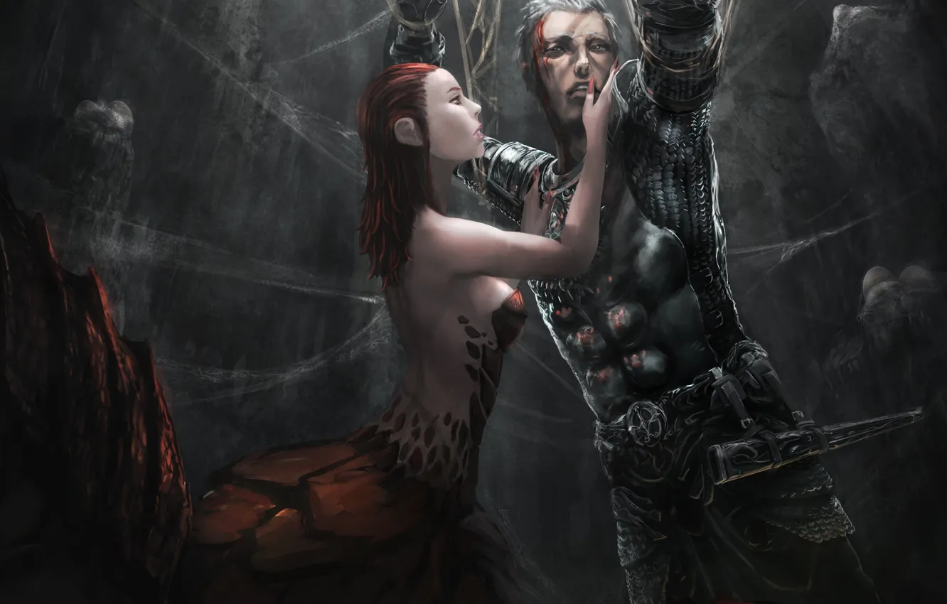 Photo wallpaper look, girl, fiction, web, art, guy, spider