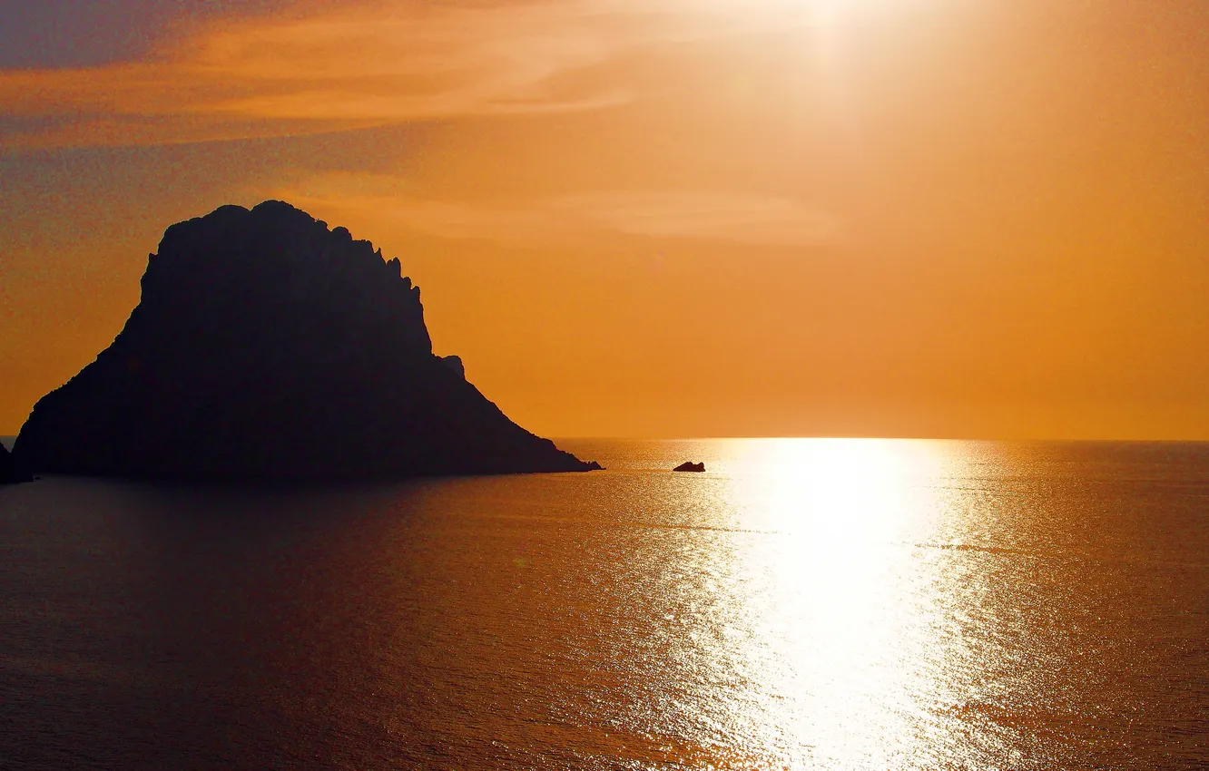 Photo wallpaper sea, the sun, rocks, horizon, Noon