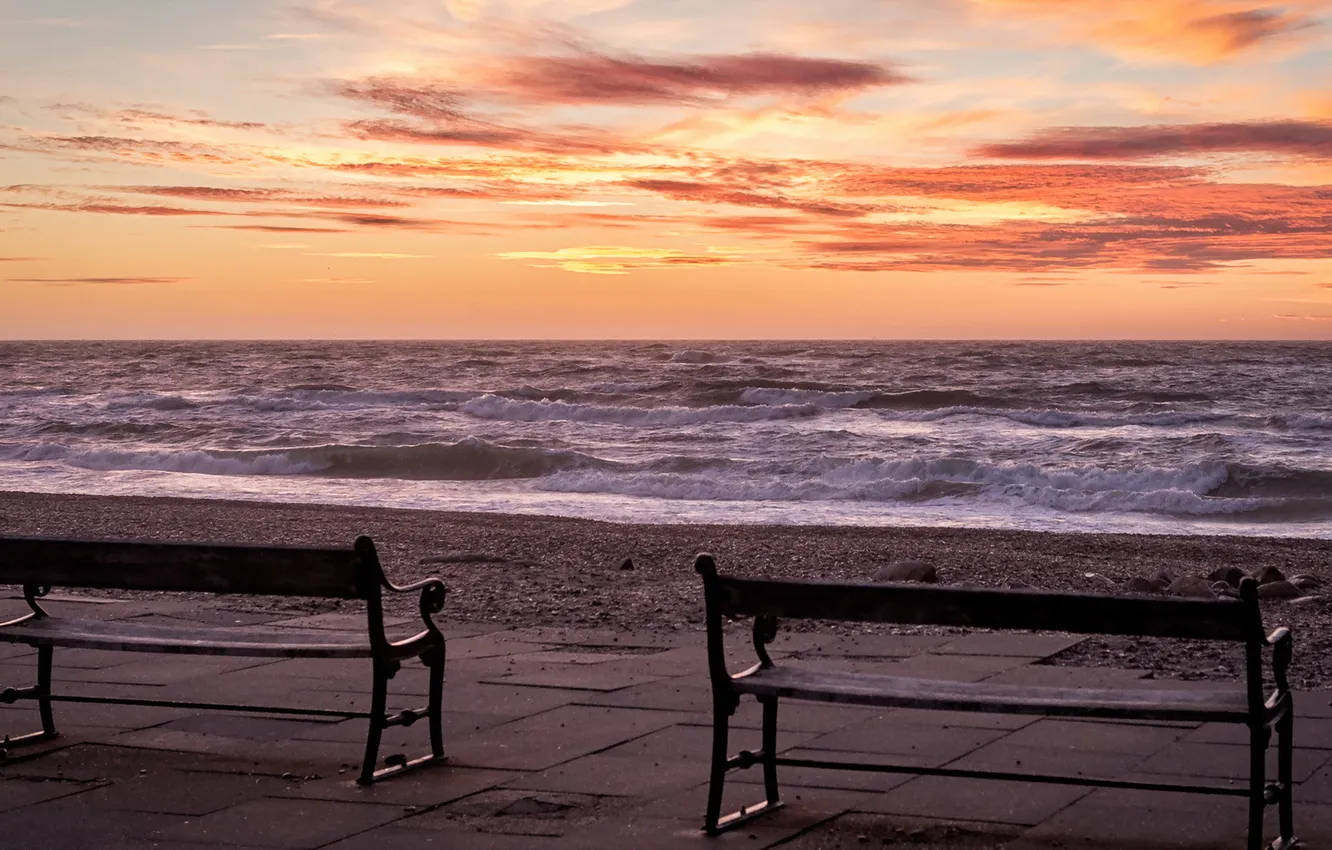 Photo wallpaper sea, sunset, bench