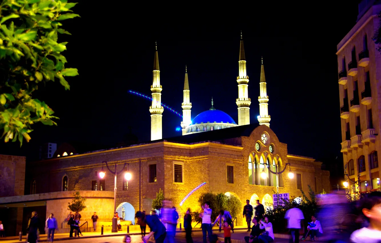 Photo wallpaper night, night, Lebanon, Beirut, Beirut, Lebanon, mosque Al-Omari, The Al-Omari Mosque