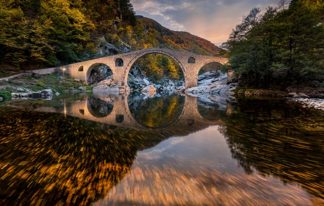 Photo wallpaper autumn, forest, mountains, bridge, river, Bulgaria, Bulgaria, Devil's Bridge