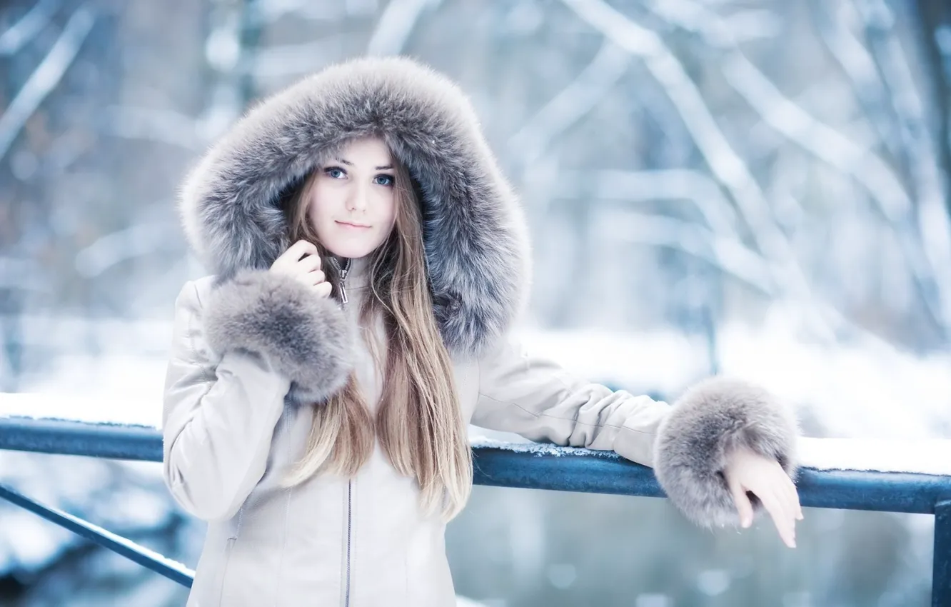 Photo wallpaper winter, look, girl, jacket, fur