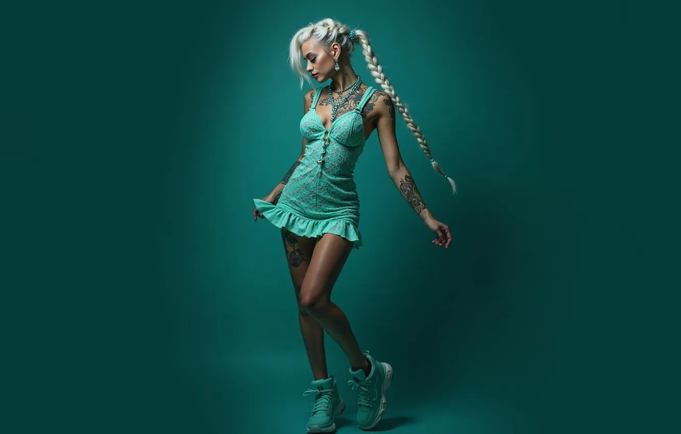 Photo wallpaper girl, style, blonde, blue background, sundress, braids