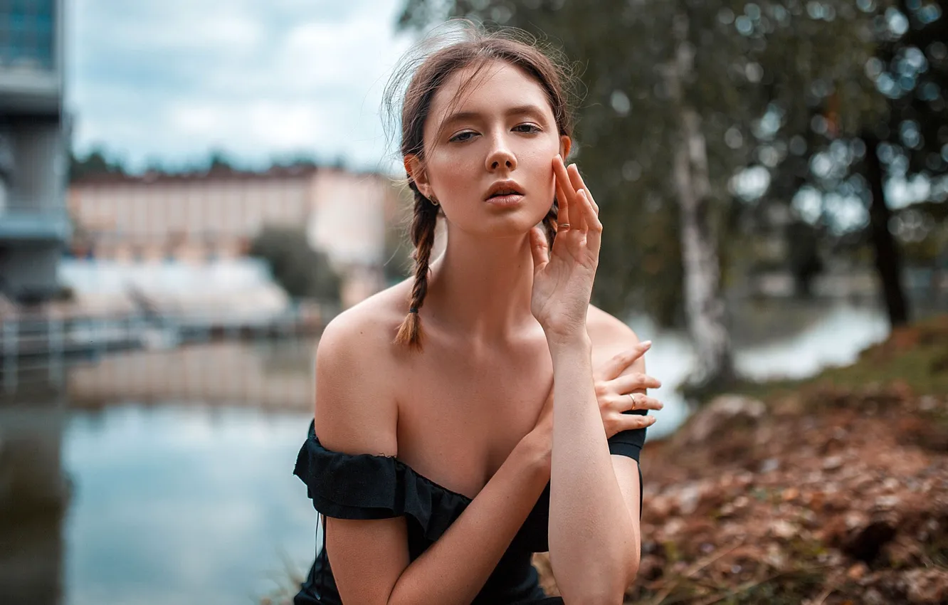 Photo wallpaper look, pose, model, portrait, makeup, dress, hairstyle, braids