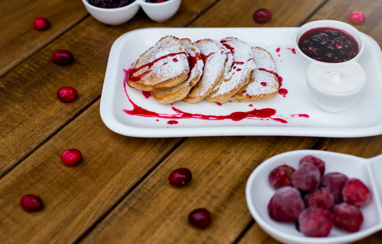 Photo wallpaper raspberry, food, pancakes, garnet, jam, powdered sugar, sour cream