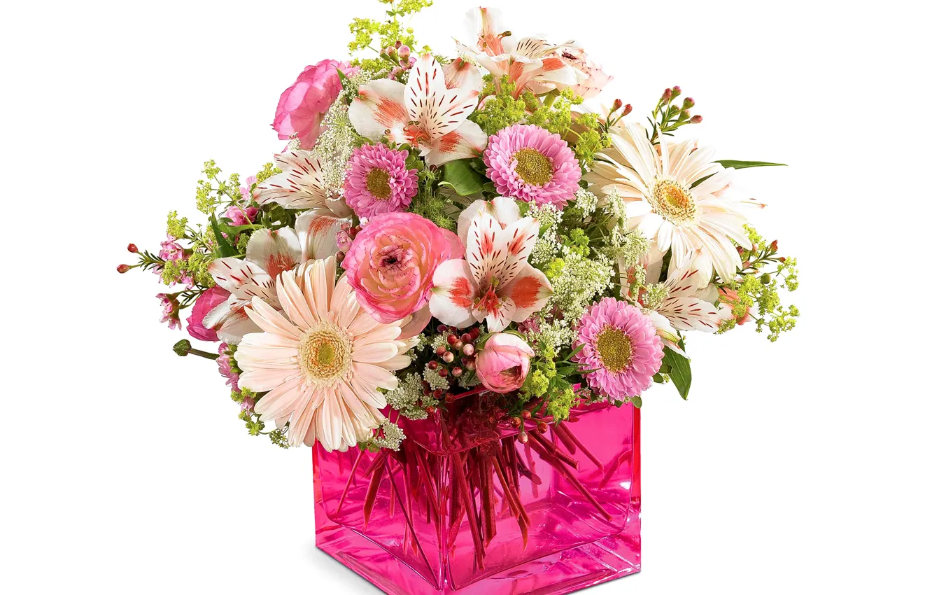 Photo wallpaper bouquet, vase, gerbera, asters, alstremeria
