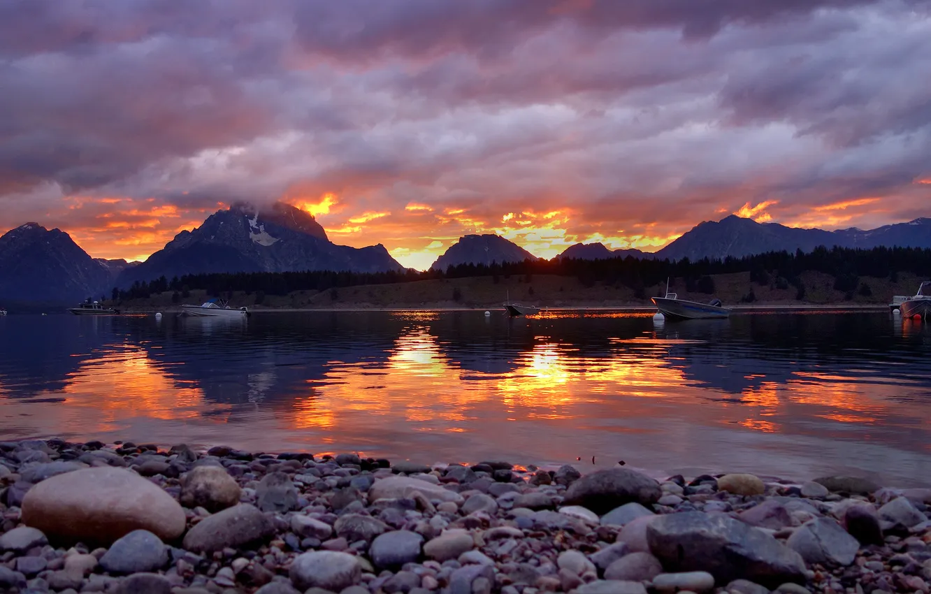 Photo wallpaper sunset, mountains, stones, shore, pond