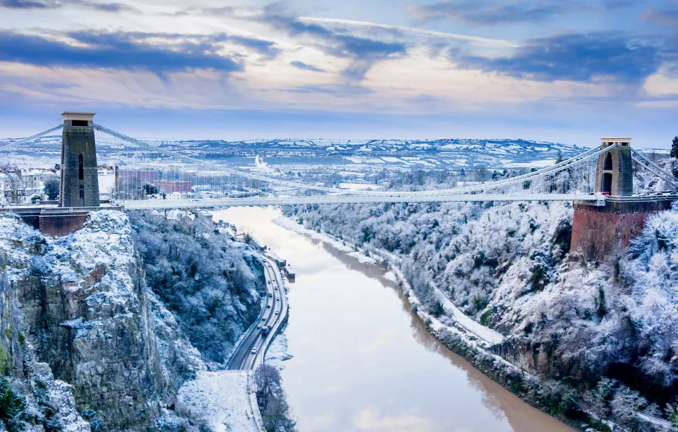 Photo wallpaper winter, snow, river, rocks, England, Bristol, Somerset, Clifton suspension bridge