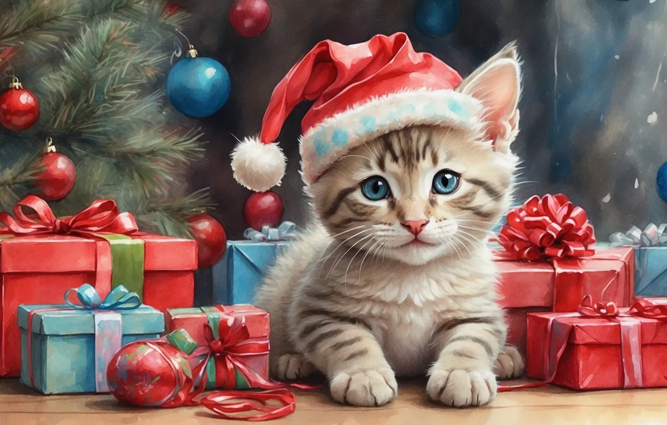 Photo wallpaper cat, look, balls, branches, pose, box, gift, sweetheart