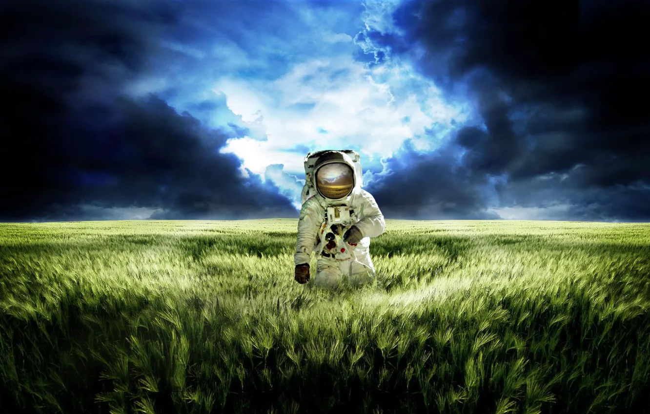 Photo wallpaper field, the sky, grass, clouds, blue, reflection, planet, the situation