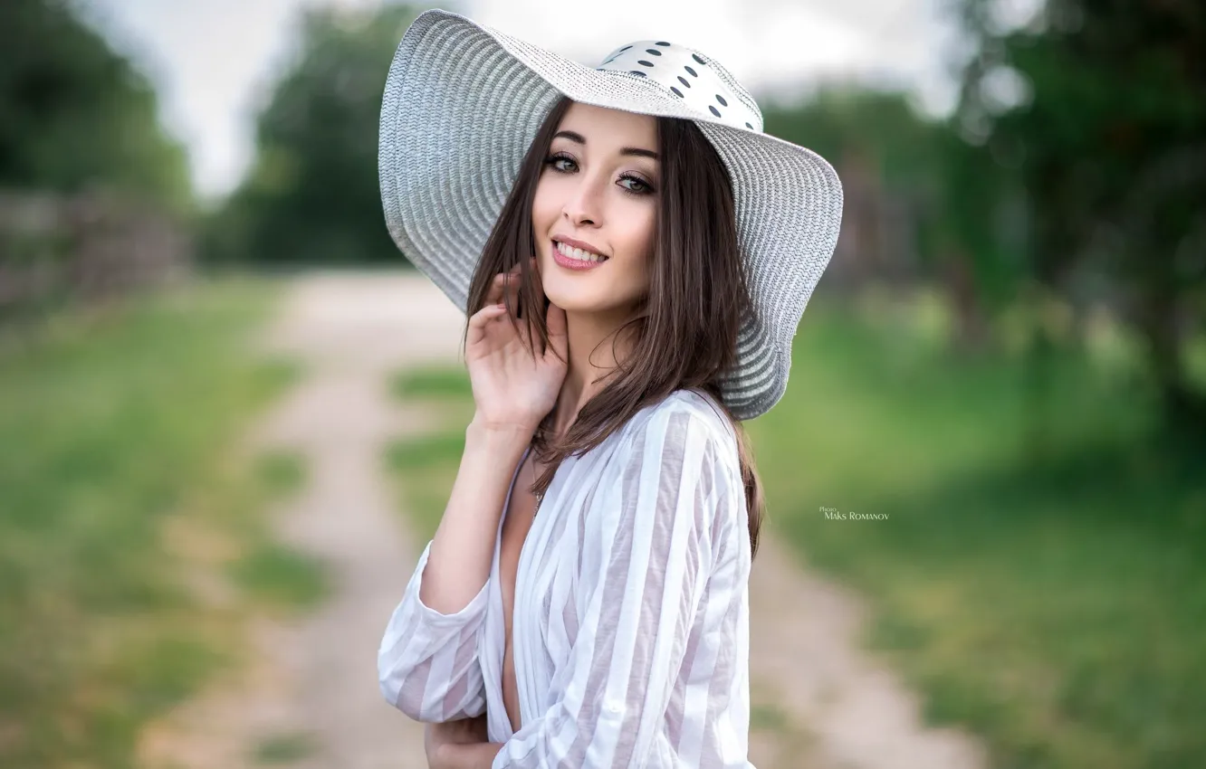 Photo wallpaper look, smile, background, model, portrait, hat, makeup, hairstyle