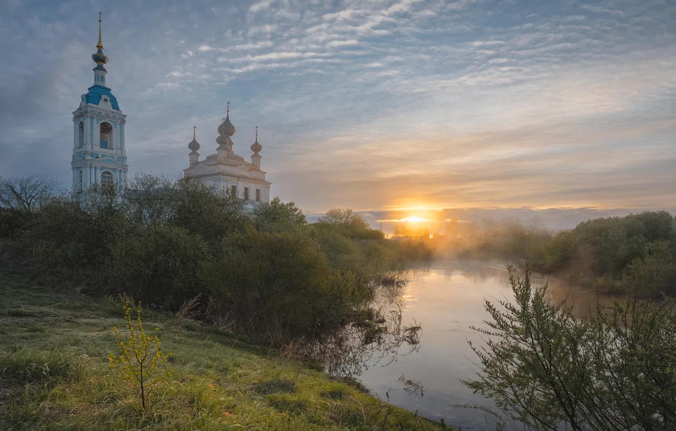 Photo wallpaper river, sunrise, dawn, morning, temple, Russia, Yaroslavl oblast, Savinskaya