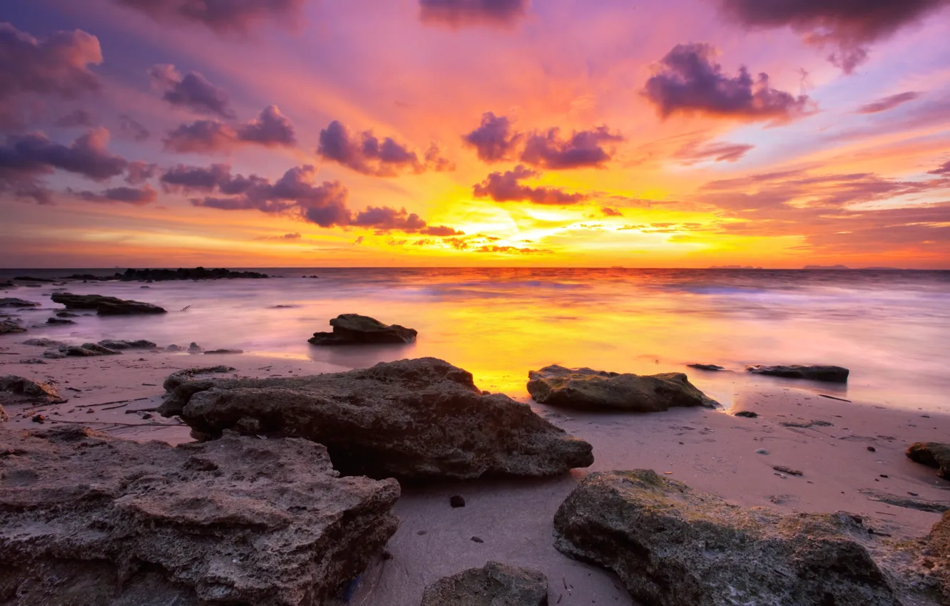 Photo wallpaper sea, sunset, stones, coast