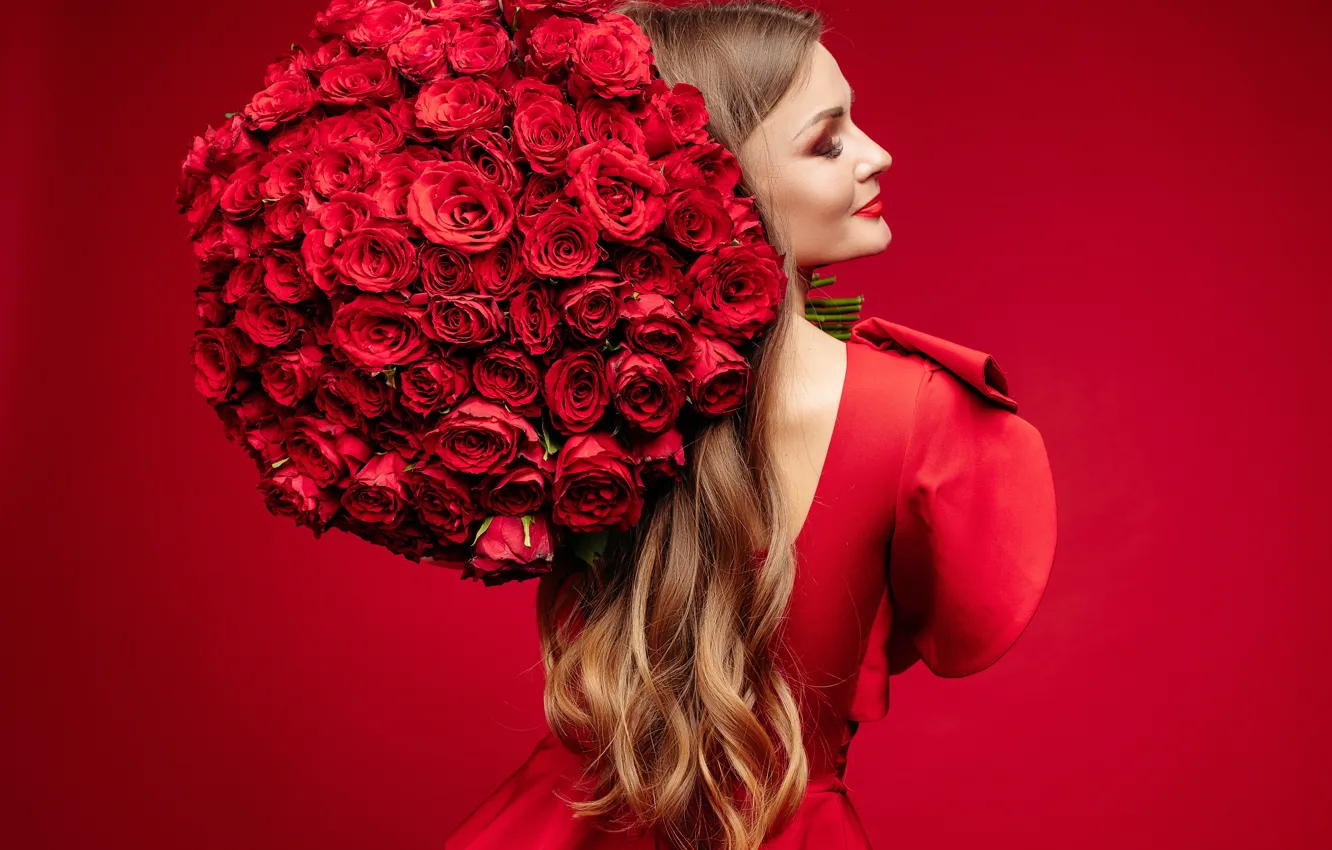 Photo wallpaper girl, flowers, roses, bouquet, dress, red, girl, dress