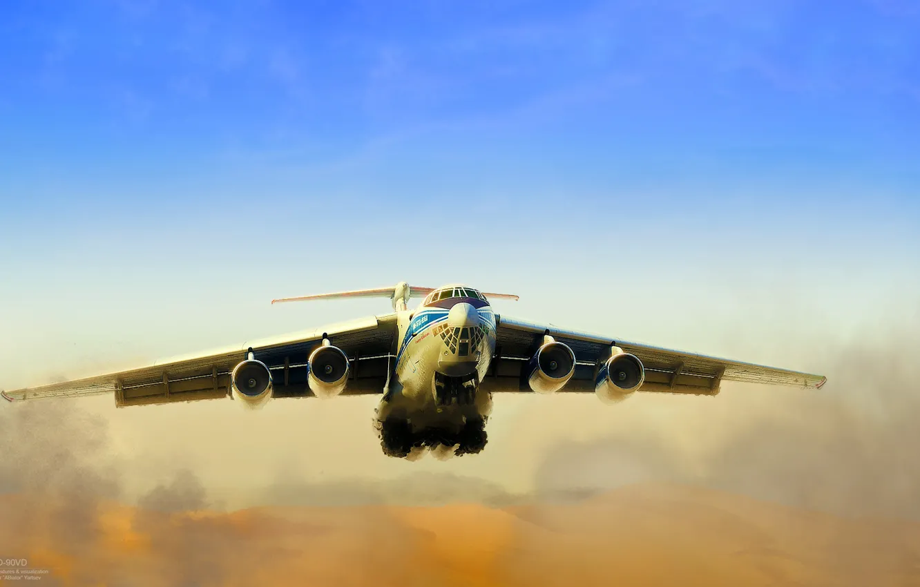 Photo wallpaper Dust, The plane, Flight, Russia, Engines, Dunes, The Il-76, Ilyushin